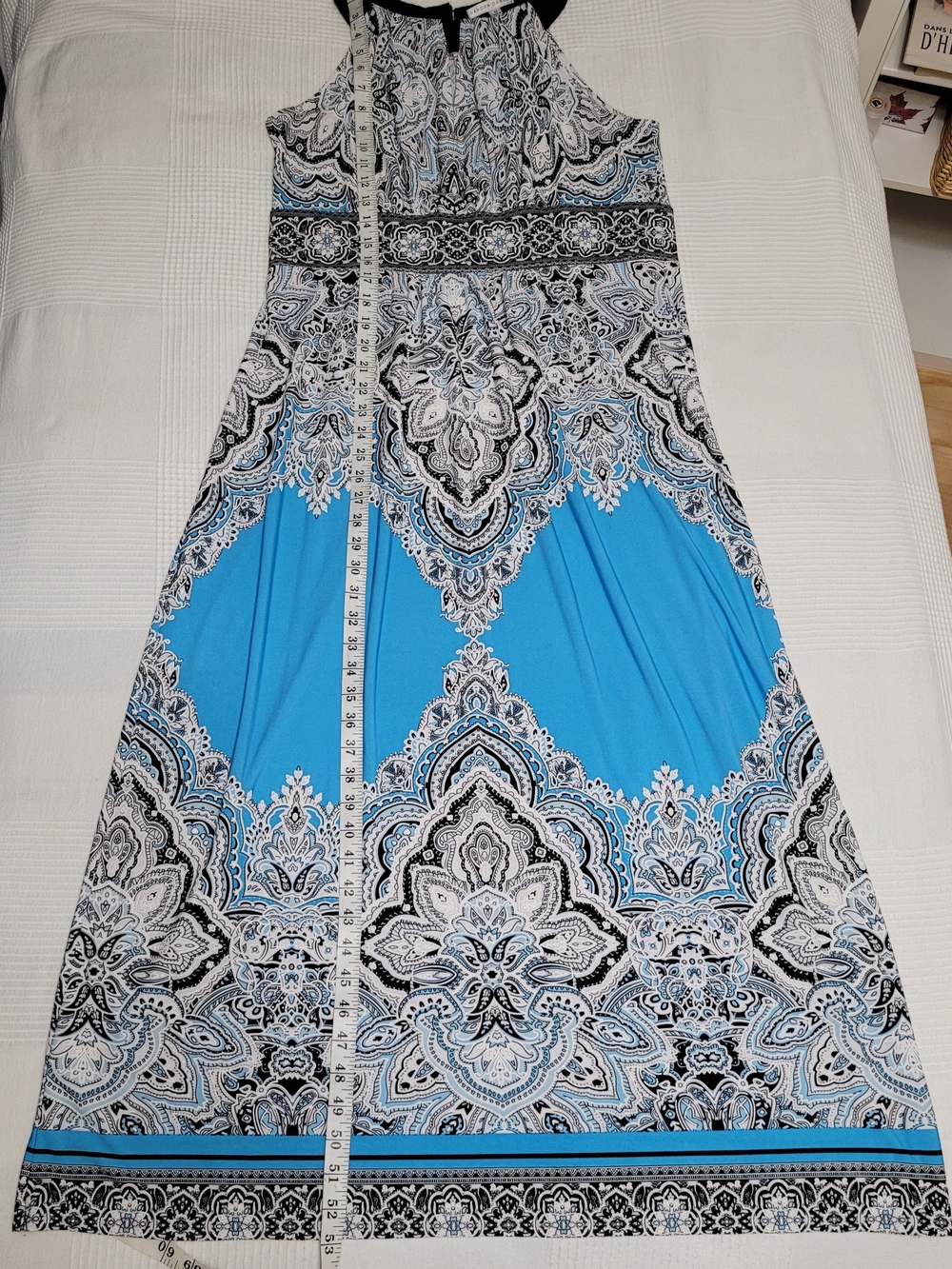 Sandra Darren Turquoise, White, Black Paisley Halter Maxi Dress Size 12 Like New
